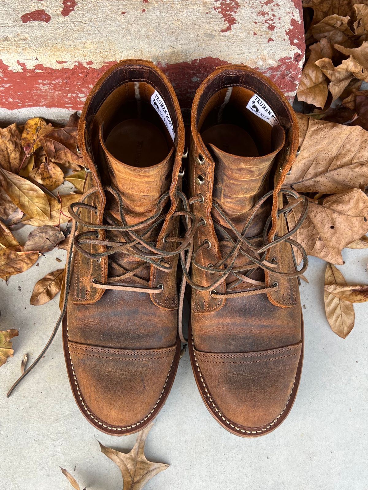 Photo by burrinboots on November 2, 2024 of the Truman Cap Toe Boot in Gallun Cognac Teton Stag.