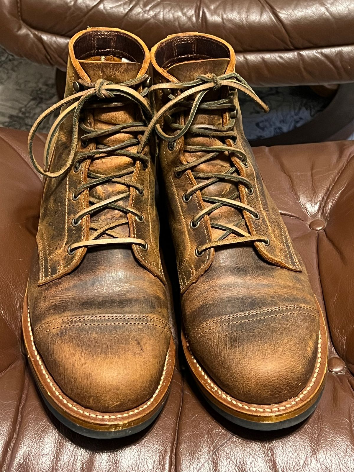 Photo by burrinboots on December 2, 2024 of the Truman Cap Toe Boot in Gallun Cognac Teton Stag.