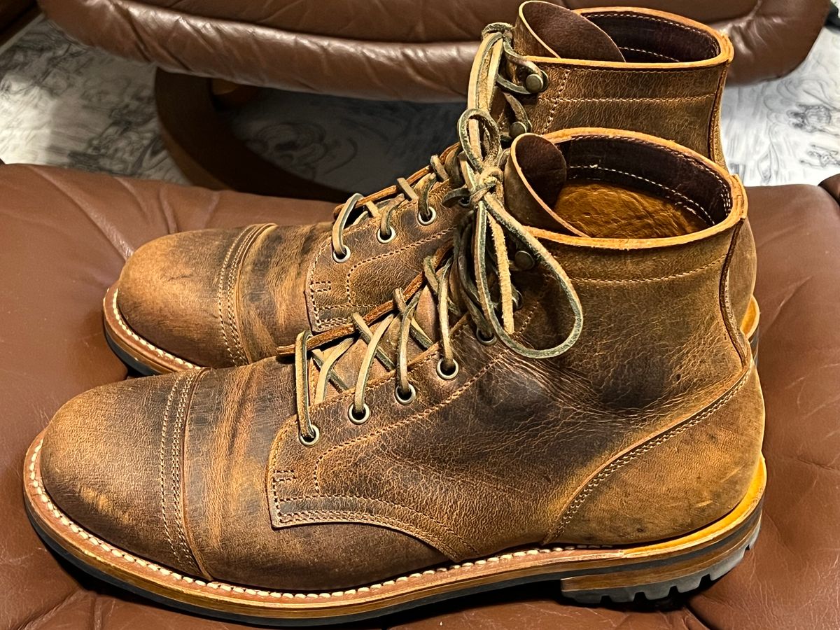 Photo by burrinboots on December 2, 2024 of the Truman Cap Toe Boot in Gallun Cognac Teton Stag.