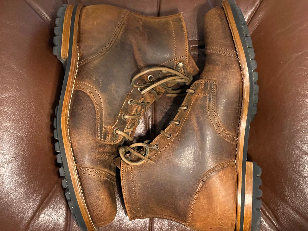 Photo by burrinboots on December 2, 2024 of the Truman Cap Toe Boot in Gallun Cognac Teton Stag.