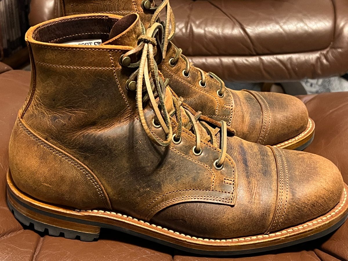 Photo by burrinboots on December 2, 2024 of the Truman Cap Toe Boot in Gallun Cognac Teton Stag.
