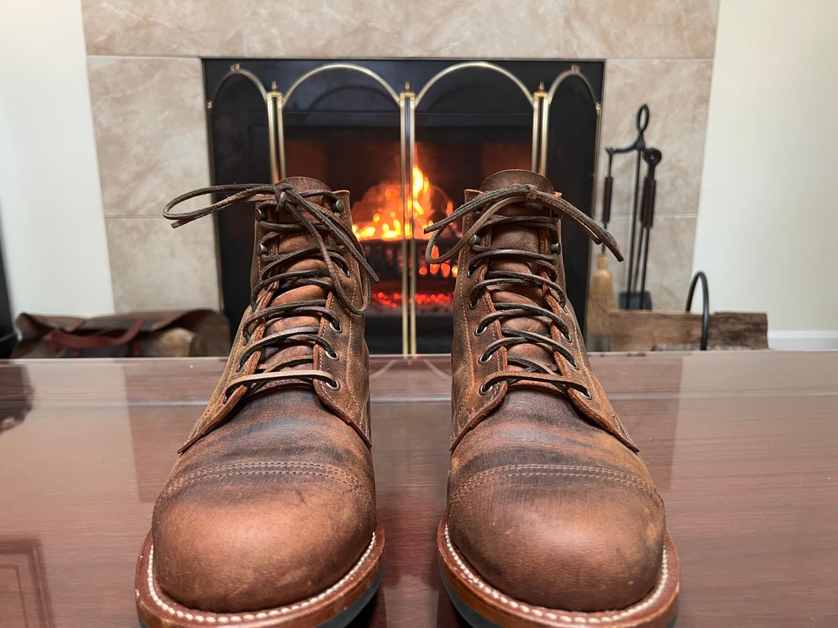 Photo by burrinboots on January 5, 2025 of the Truman Cap Toe Boot in Gallun Cognac Teton Stag.