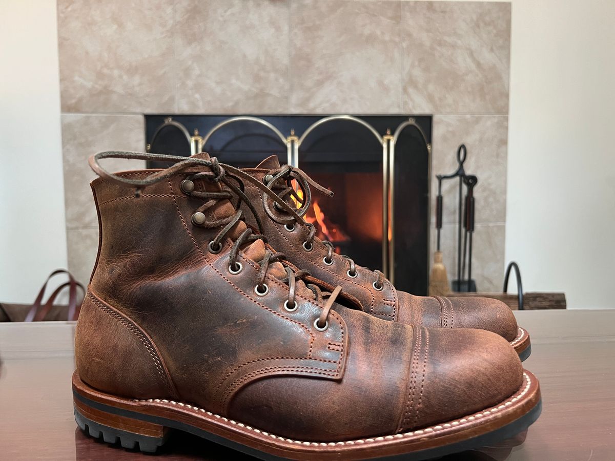 Photo by burrinboots on January 5, 2025 of the Truman Cap Toe Boot in Gallun Cognac Teton Stag.