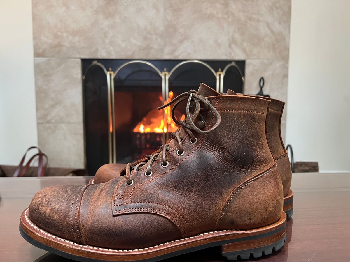 Photo by burrinboots on January 5, 2025 of the Truman Cap Toe Boot in Gallun Cognac Teton Stag.