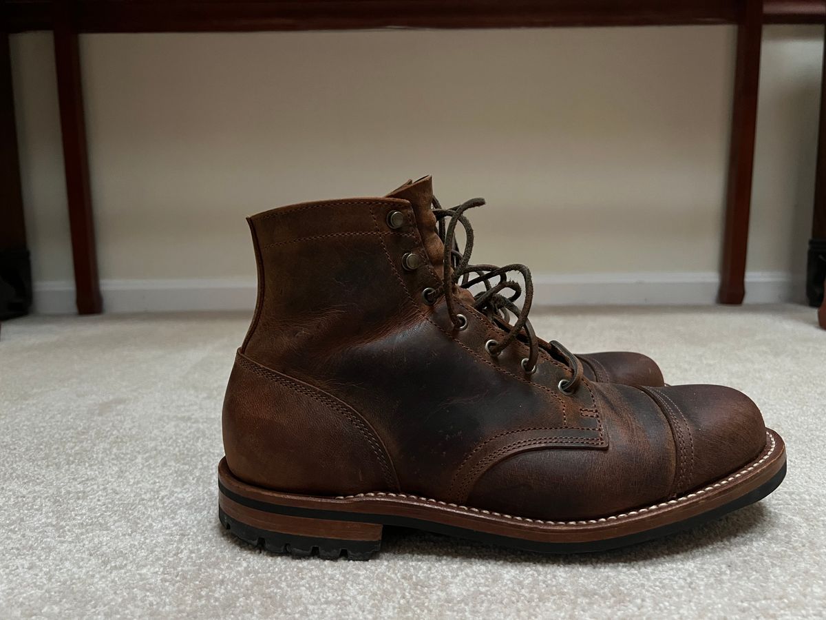 Photo by burrinboots on February 5, 2025 of the Truman Cap Toe Boot in Gallun Cognac Teton Stag.