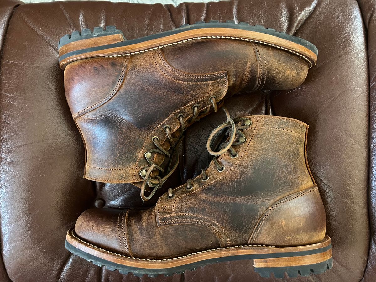 Photo by burrinboots on March 2, 2025 of the Truman Cap Toe Boot in Gallun Cognac Teton Stag.
