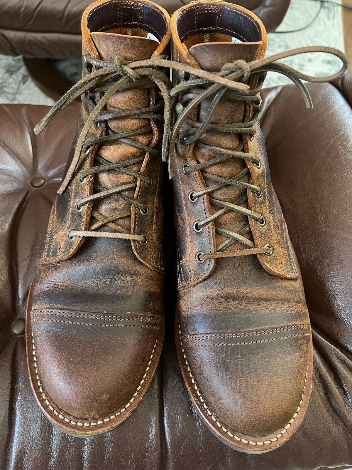 Photo by burrinboots on March 2, 2025 of the Truman Cap Toe Boot in Gallun Cognac Teton Stag.