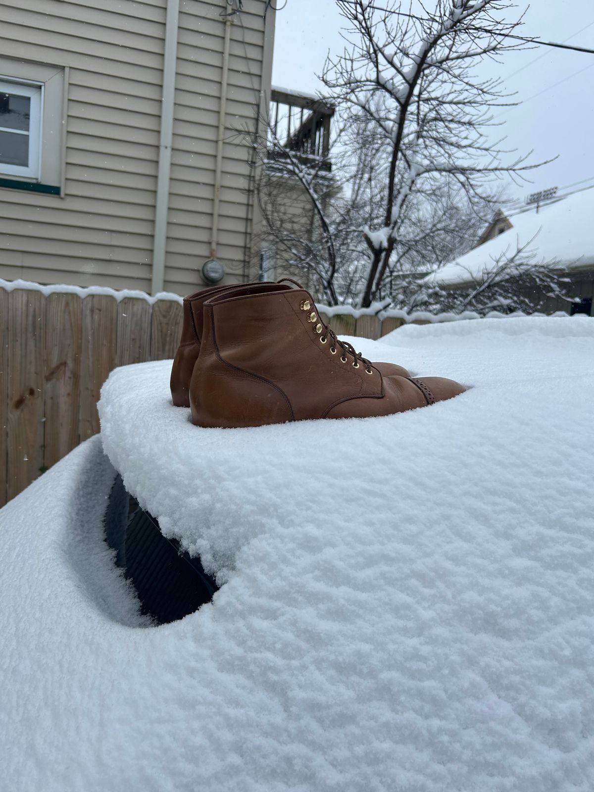 Photo by RedBeardBlueJeans on December 2, 2025 of the Grant Stone Garrison Boot in Horween Natural Chromexcel.