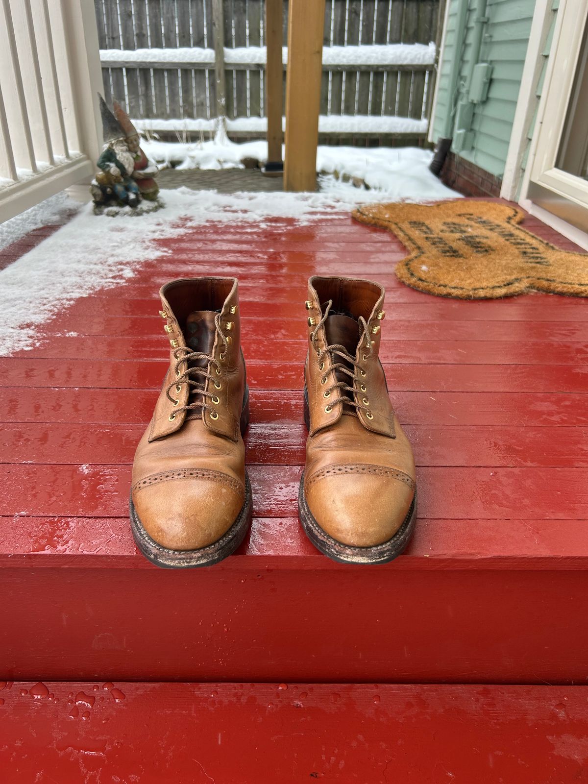Photo by RedBeardBlueJeans on December 2, 2025 of the Grant Stone Garrison Boot in Horween Natural Chromexcel.