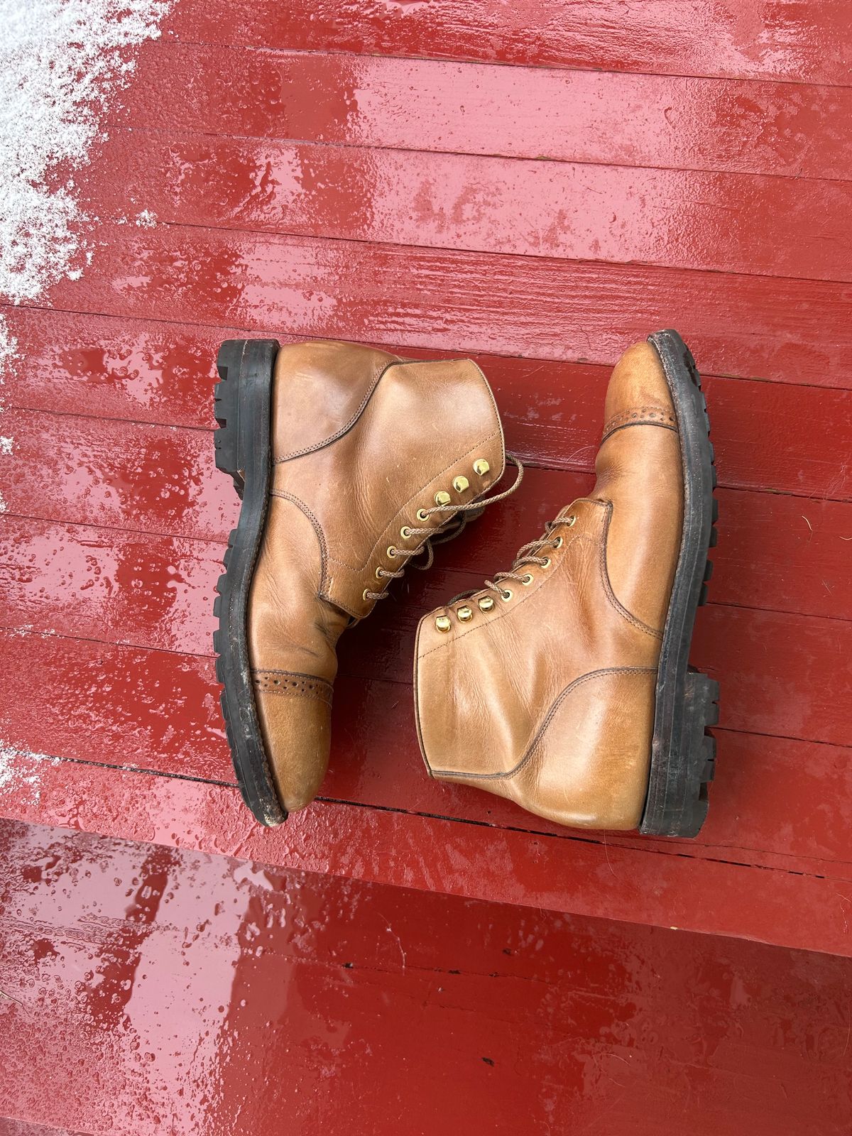 Photo by RedBeardBlueJeans on December 2, 2025 of the Grant Stone Garrison Boot in Horween Natural Chromexcel.