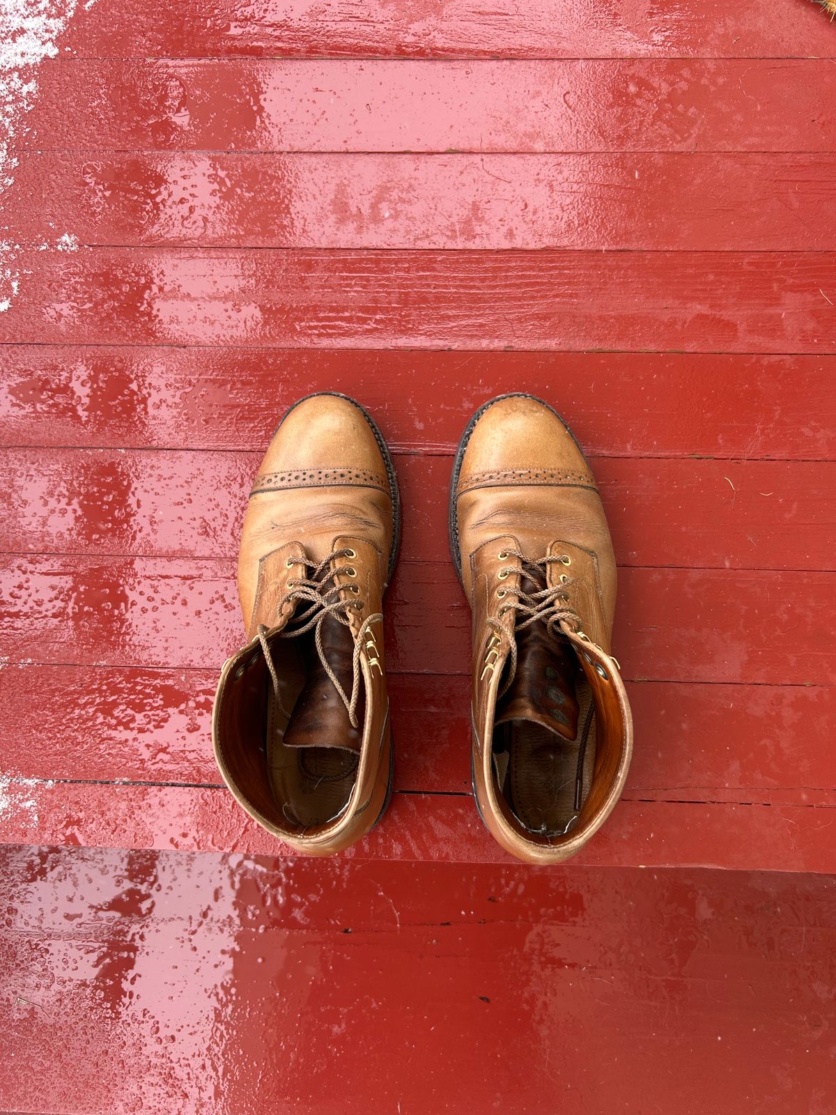 Photo by RedBeardBlueJeans on December 2, 2025 of the Grant Stone Garrison Boot in Horween Natural Chromexcel.
