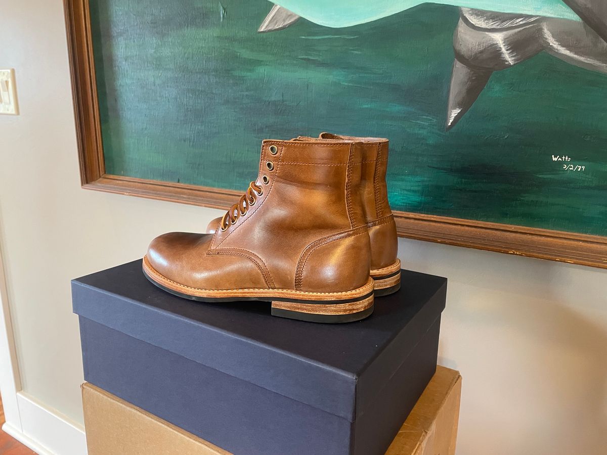 Photo by SharkBaitHooHaHA on September 30, 2023 of the Oak Street Bootmakers Trench Boot in Horween Natural Chromexcel.