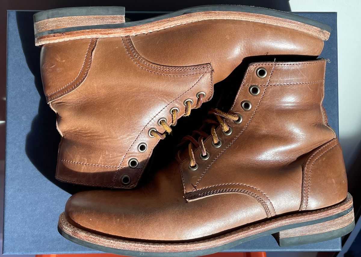 Photo by SharkBaitHooHaHA on November 5, 2023 of the Oak Street Bootmakers Trench Boot in Horween Natural Chromexcel.