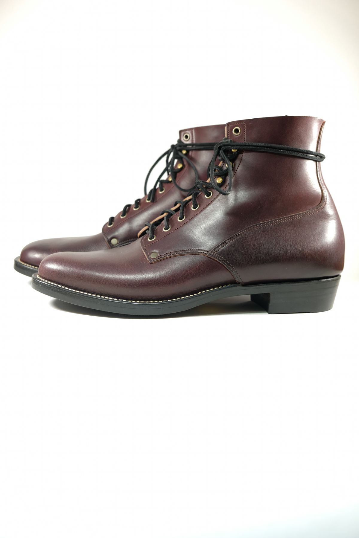 Photo by morosoleatherworks on October 1, 2025 of the NF Bootmaker Fritz Boot in Wickett & Craig Burgundy Burnt Harness.