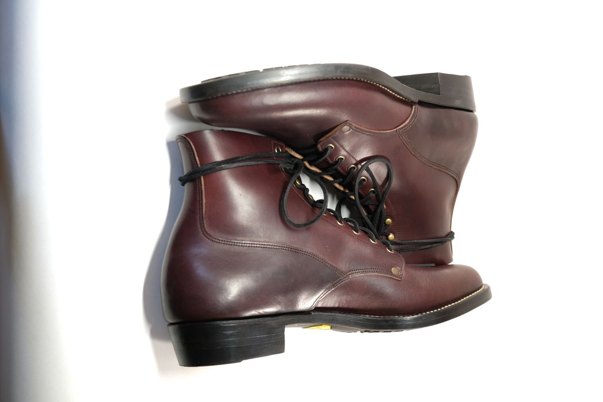 Photo by morosoleatherworks on October 1, 2025 of the NF Bootmaker Fritz Boot in Wickett & Craig Burgundy Burnt Harness.