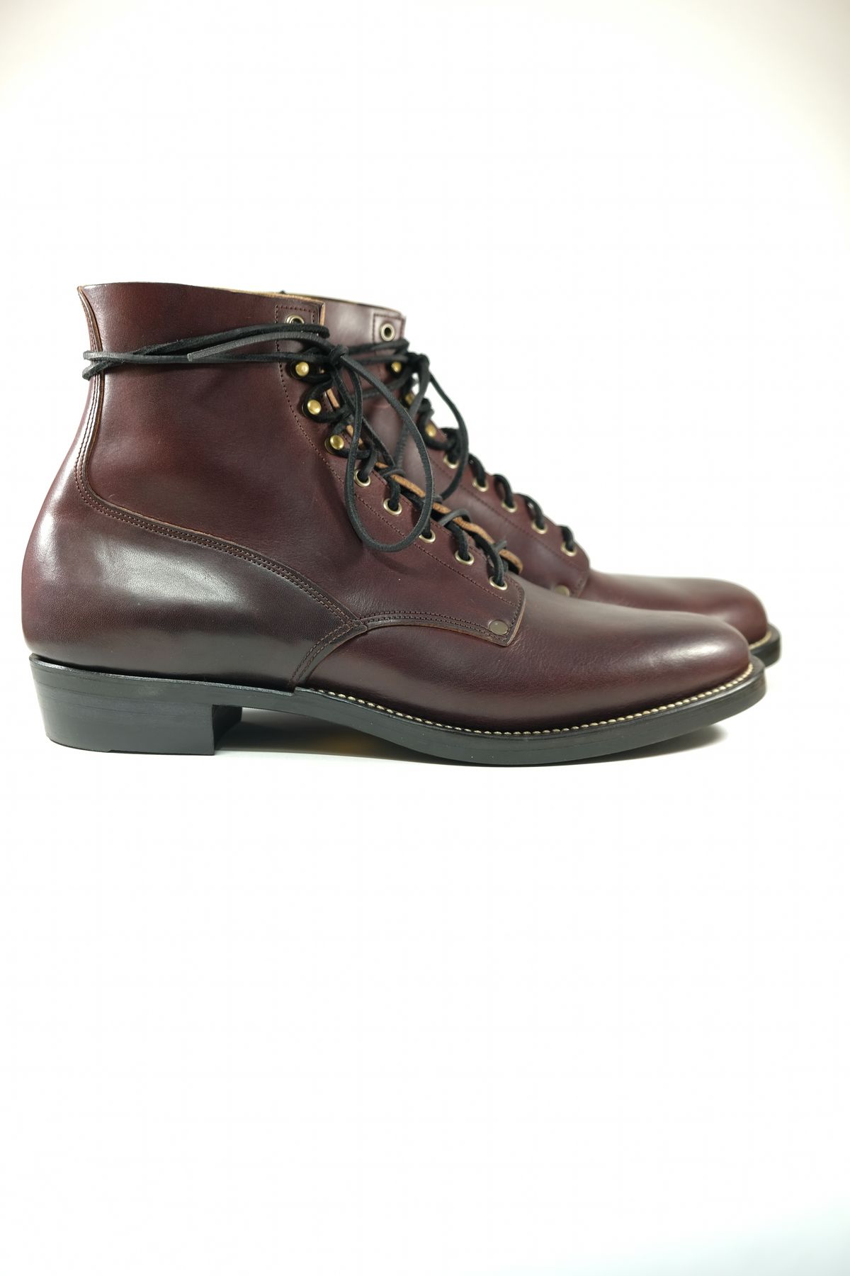 Photo by morosoleatherworks on October 1, 2025 of the NF Bootmaker Fritz Boot in Wickett & Craig Burgundy Burnt Harness.
