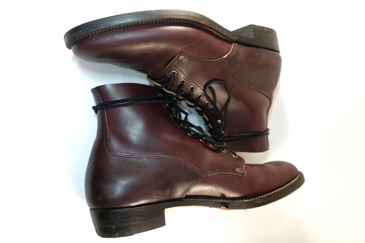Photo by morosoleatherworks on November 4, 2025 of the NF Bootmaker Fritz Boot in Wickett & Craig Burgundy Burnt Harness.