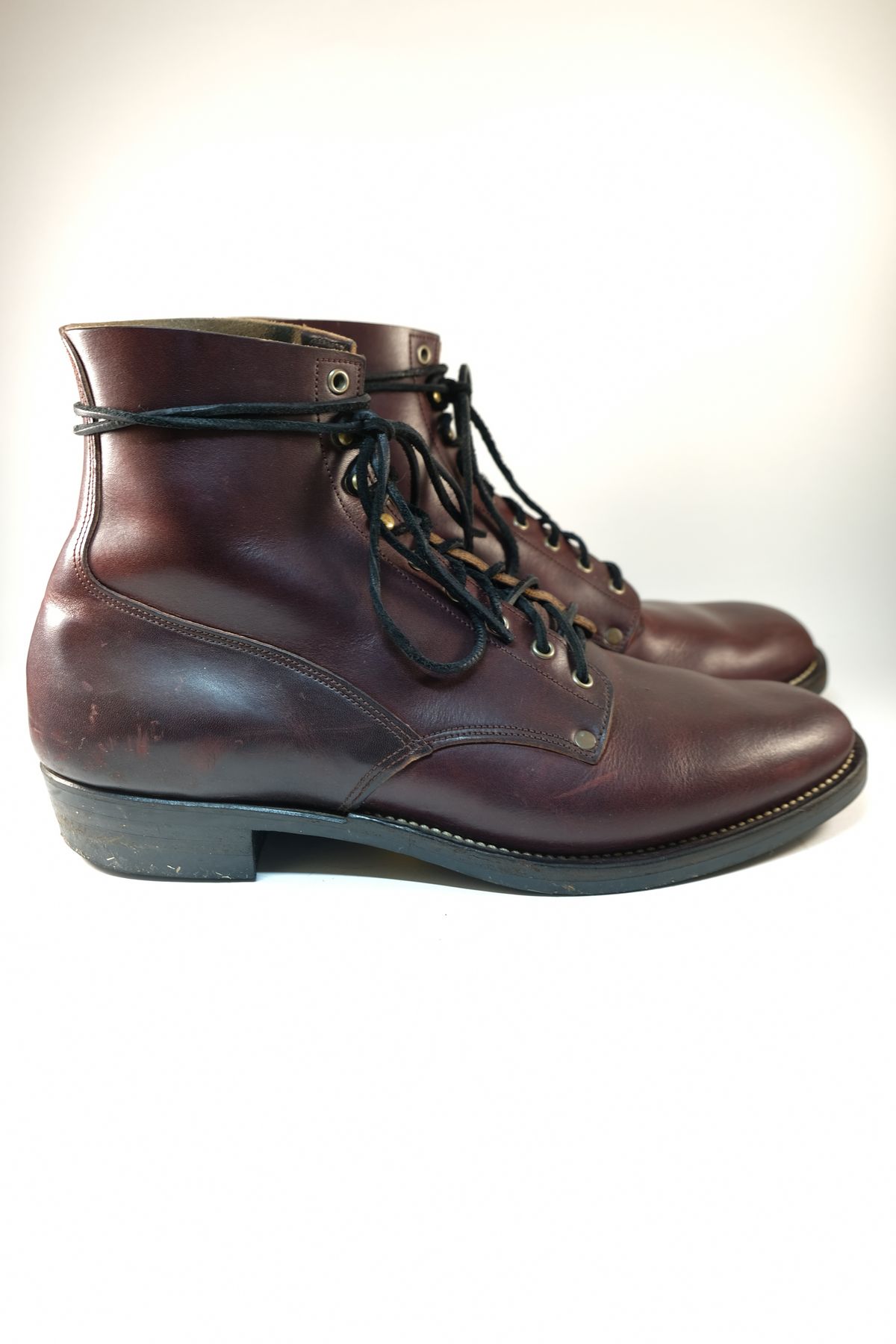 Photo by morosoleatherworks on November 4, 2025 of the NF Bootmaker Fritz Boot in Wickett & Craig Burgundy Burnt Harness.