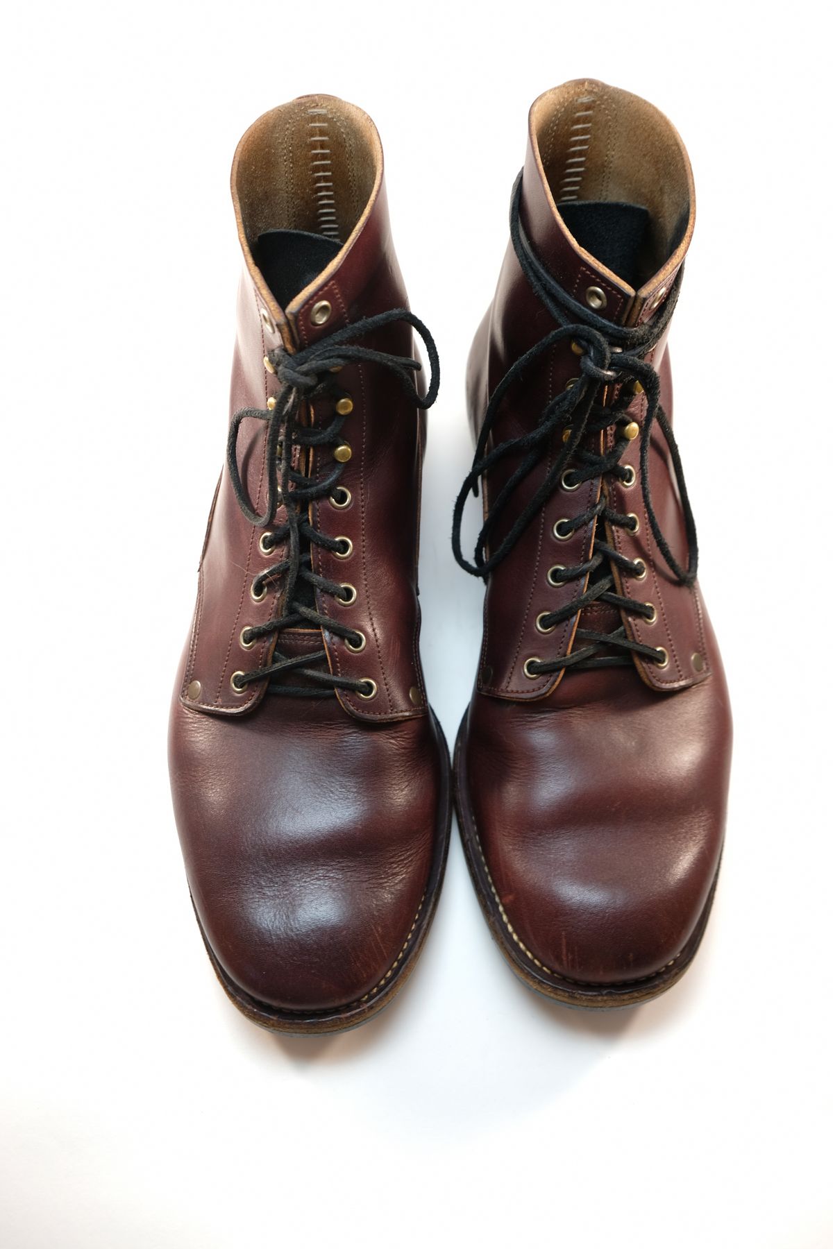 Photo by morosoleatherworks on April 4, 2026 of the NF Bootmaker Fritz Boot in Wickett & Craig Burgundy Burnt Harness.