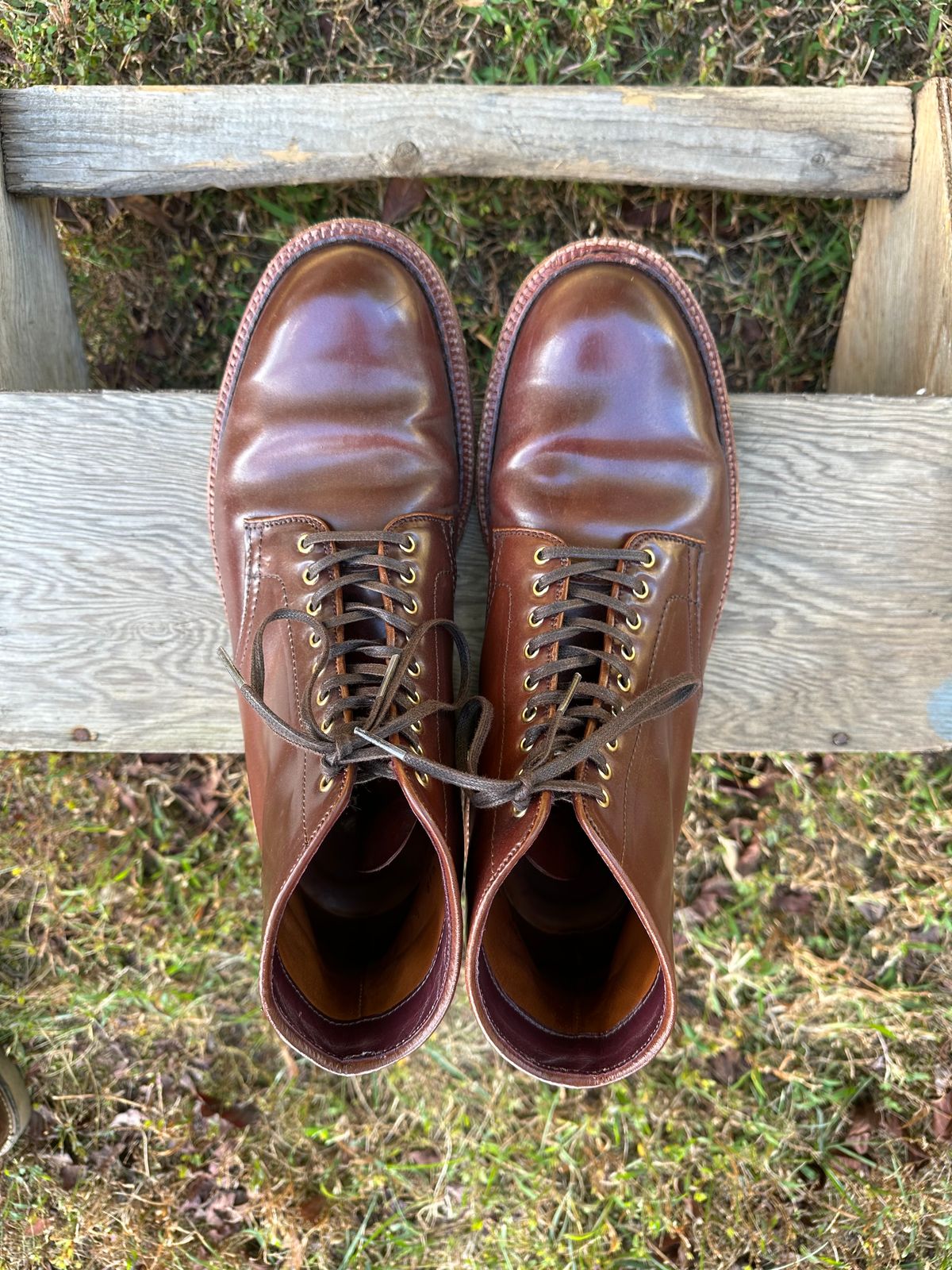 Photo by shaking.boots on November 5, 2024 of the Alden Plain Toe Boot in Horween Color 2 Shell Cordovan.
