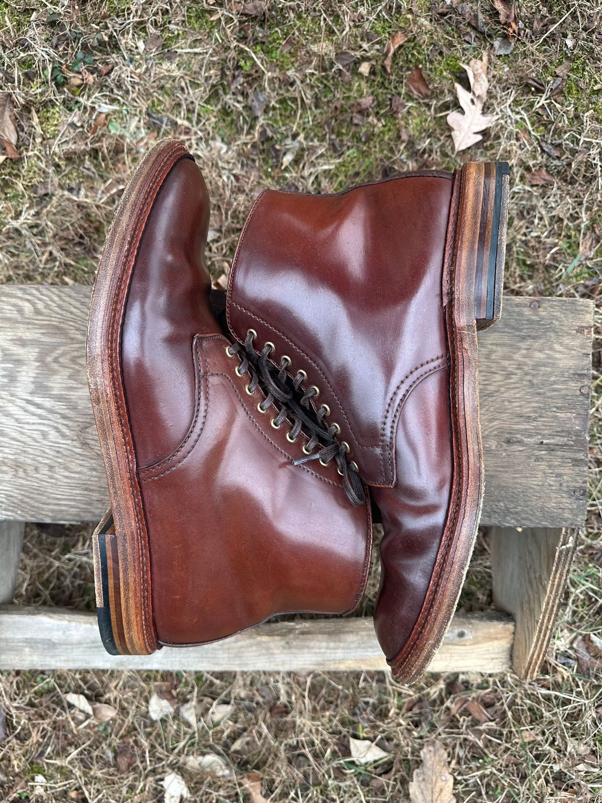 Photo by shaking.boots on February 5, 2025 of the Alden Plain Toe Boot in Horween Color 2 Shell Cordovan.