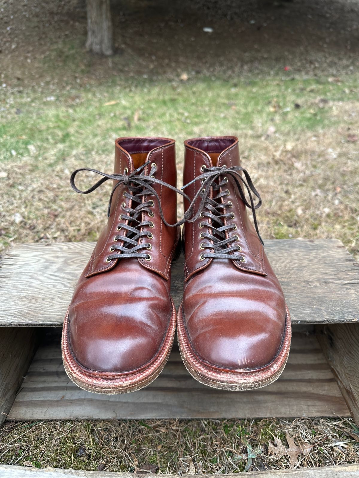 Photo by shaking.boots on March 5, 2025 of the Alden Plain Toe Boot in Horween Color 2 Shell Cordovan.