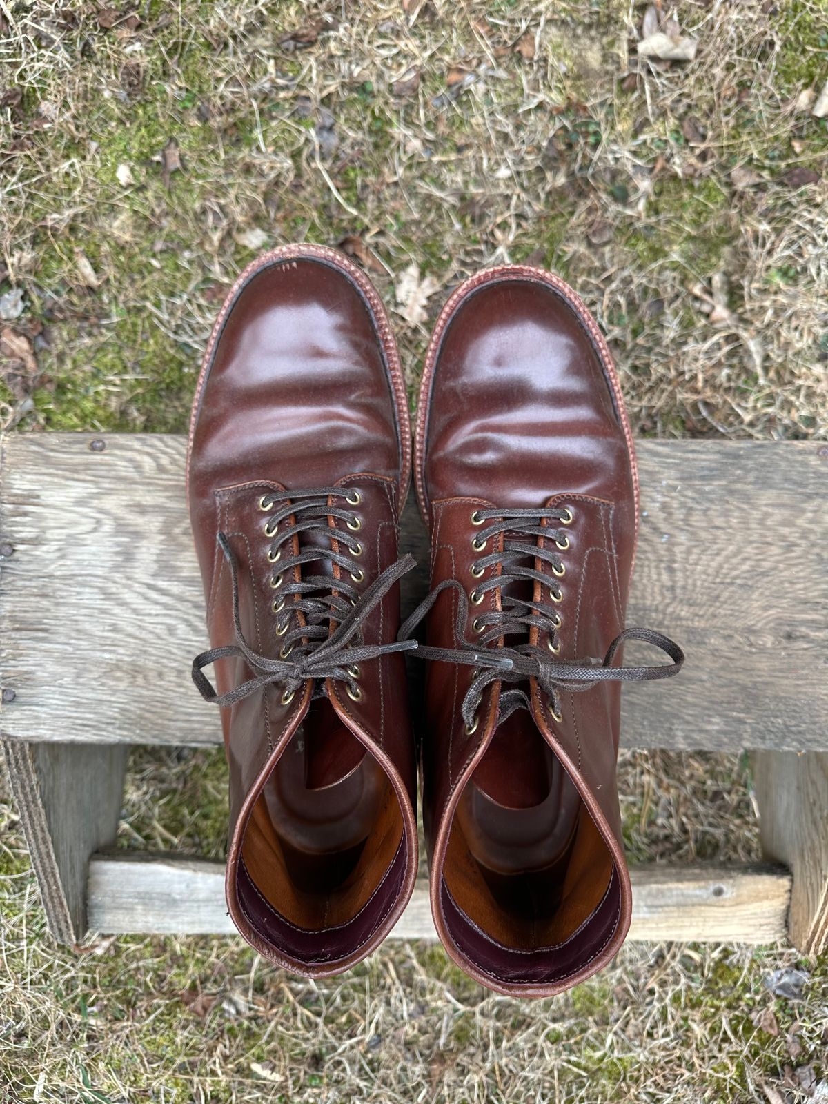 Photo by shaking.boots on March 5, 2025 of the Alden Plain Toe Boot in Horween Color 2 Shell Cordovan.