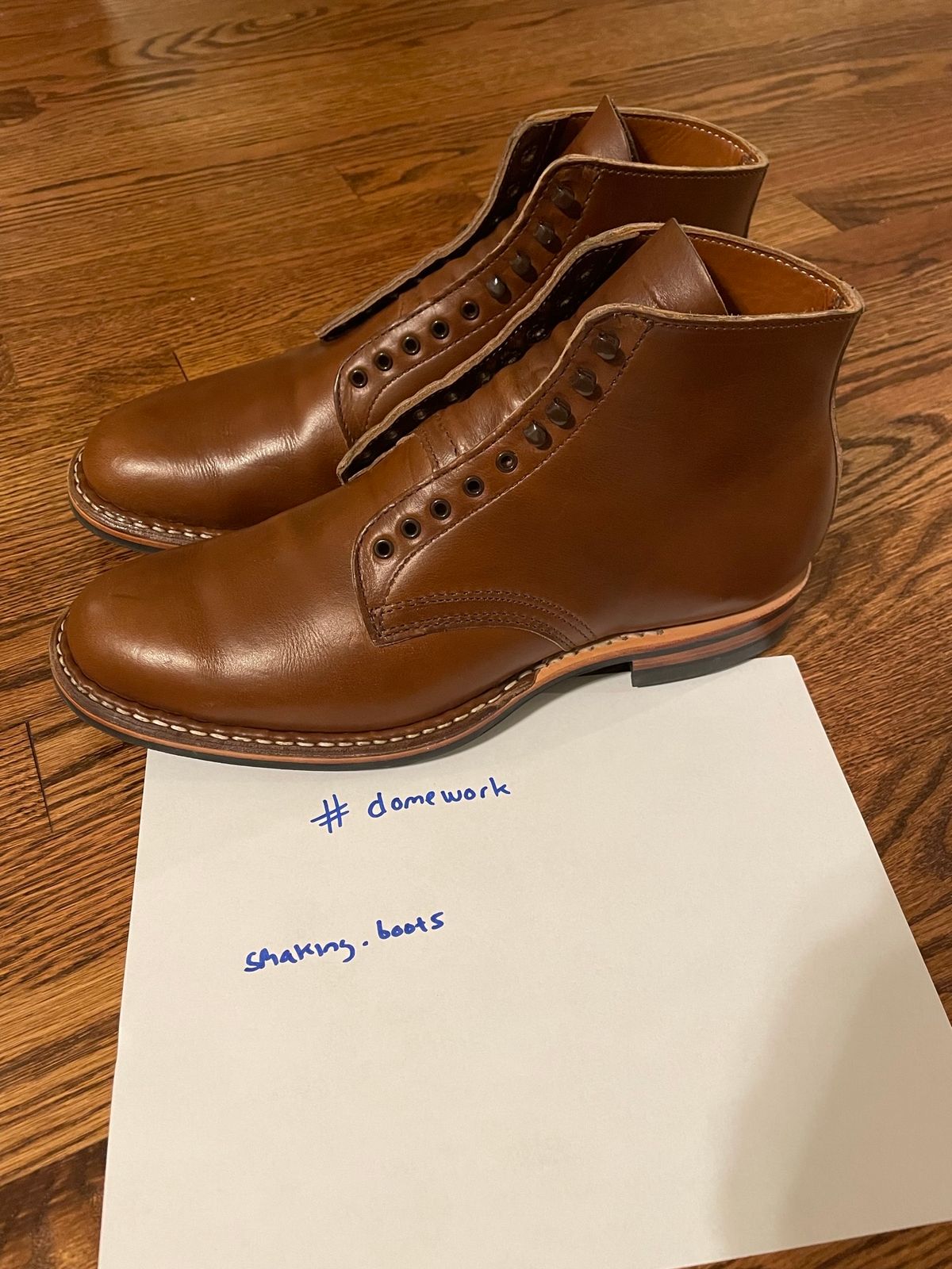 Photo by shaking.boots on October 5, 2022 of the White's Stevens (Plain Toe) in Horween British Tan Chromexcel.