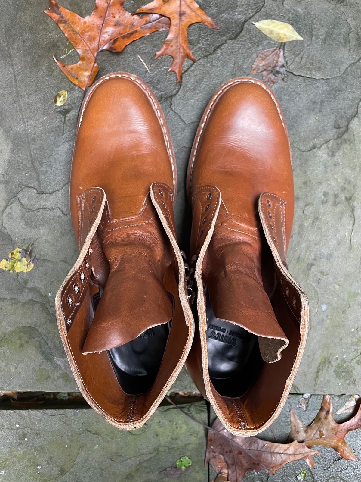 Photo by shaking.boots on October 5, 2022 of the White's Stevens (Plain Toe) in Horween British Tan Chromexcel.