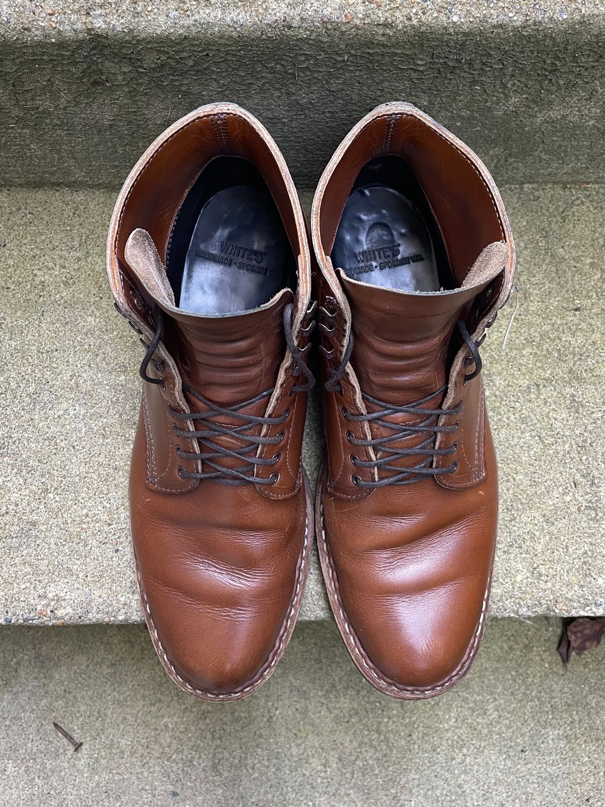 Photo by shaking.boots on November 4, 2022 of the White's Stevens (Plain Toe) in Horween British Tan Chromexcel.
