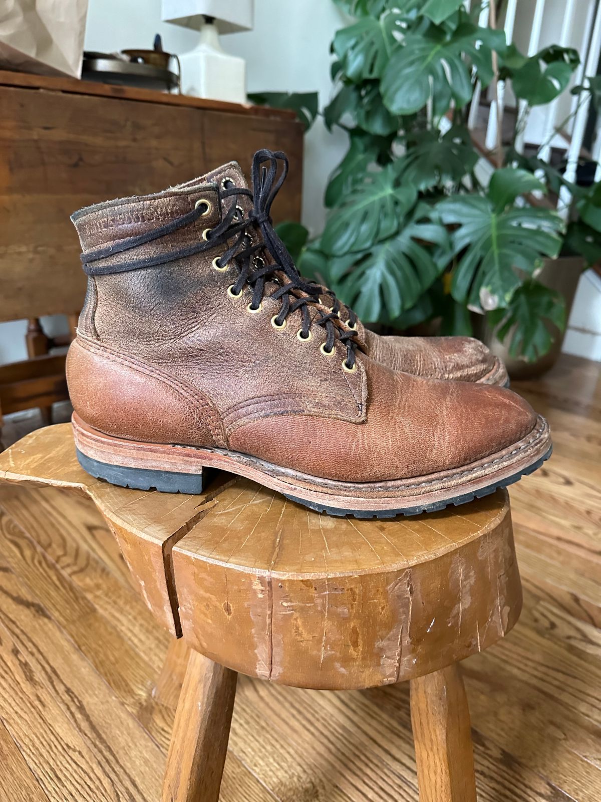 Photo by shaking.boots on March 5, 2024 of the White's MP-Sherman Plain Toe in New Rosewood Waxed Elk Unicorn.