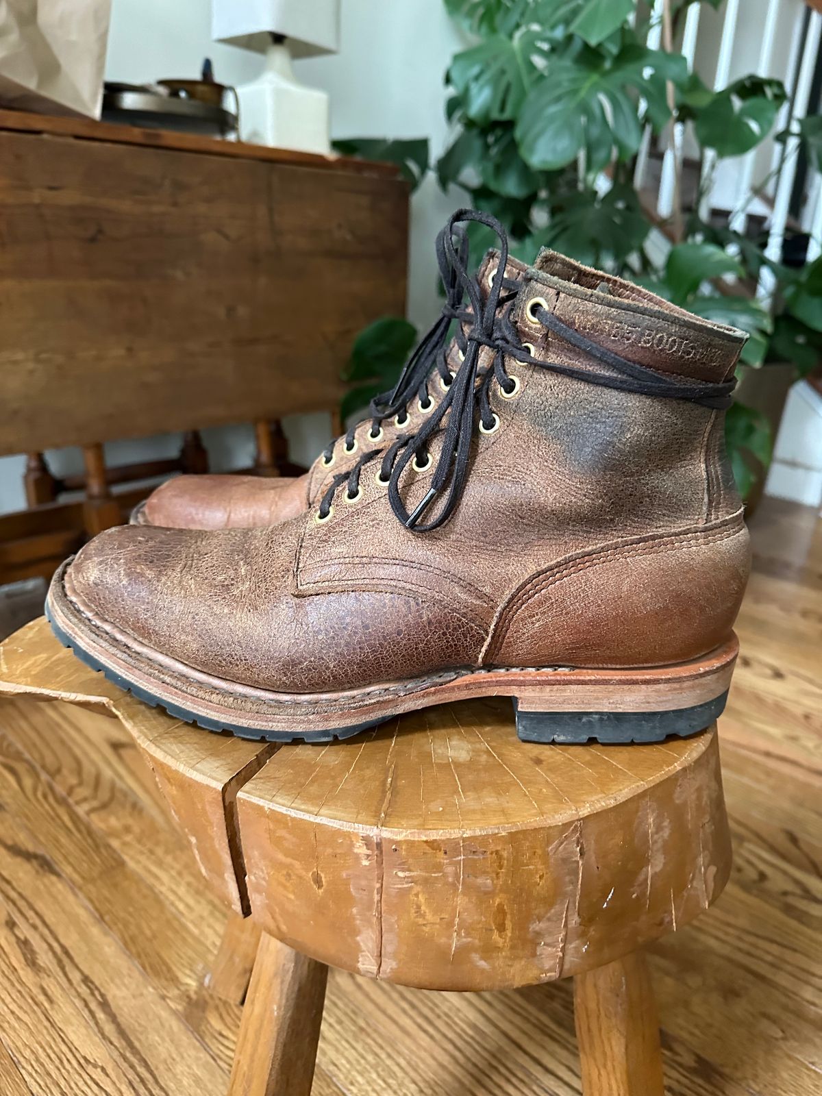 Photo by shaking.boots on March 5, 2024 of the White's MP-Sherman Plain Toe in New Rosewood Waxed Elk Unicorn.