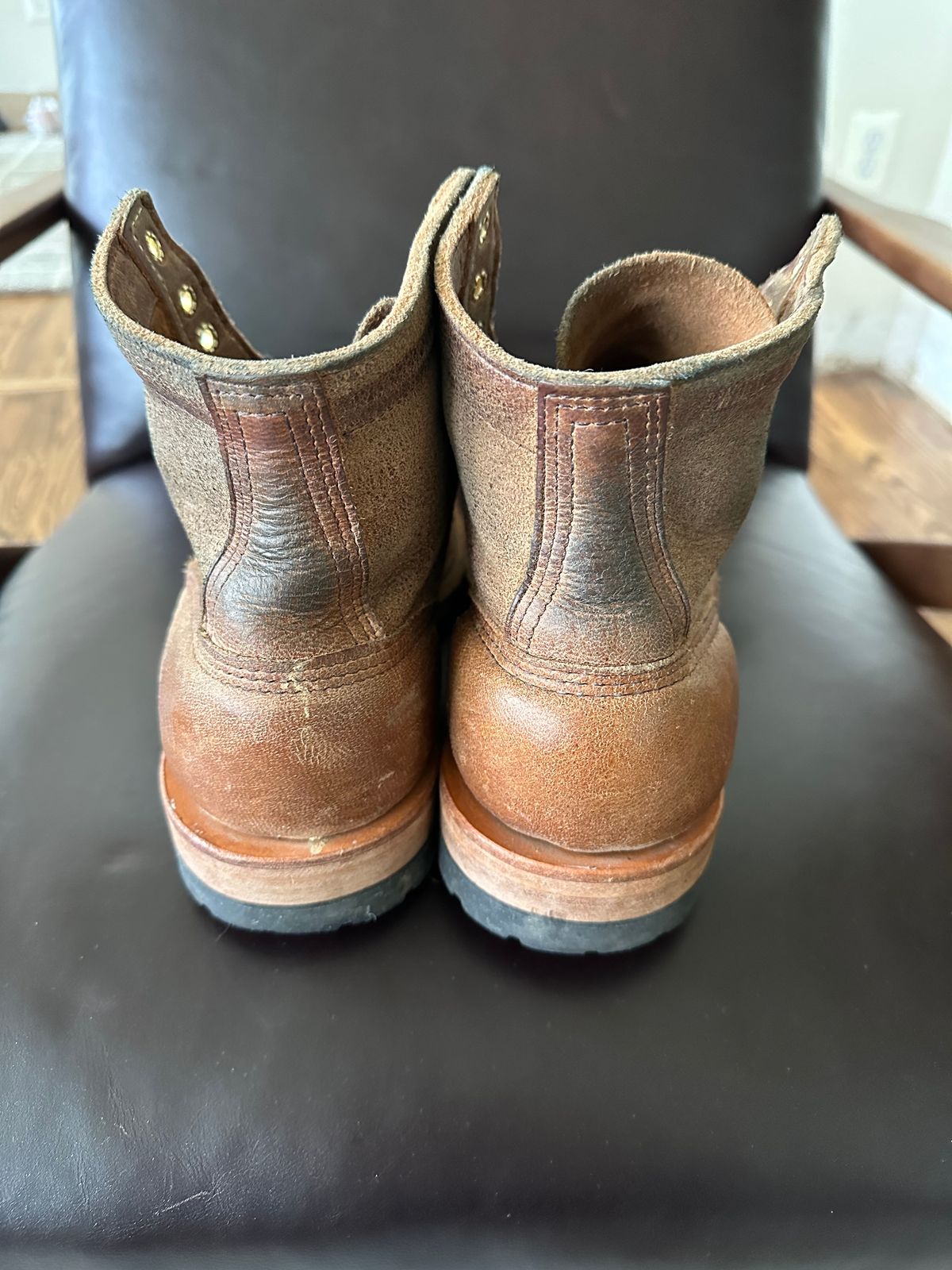 Photo by shaking.boots on April 5, 2024 of the White's MP-Sherman Plain Toe in New Rosewood Waxed Elk Unicorn.