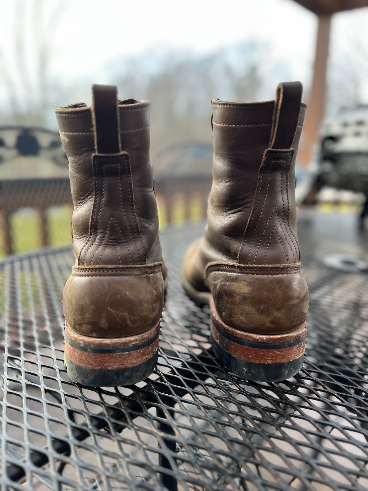 Photo by thechadthebootguy on December 3, 2022 of the Nicks Overlander in Horween Olive Chromexcel.