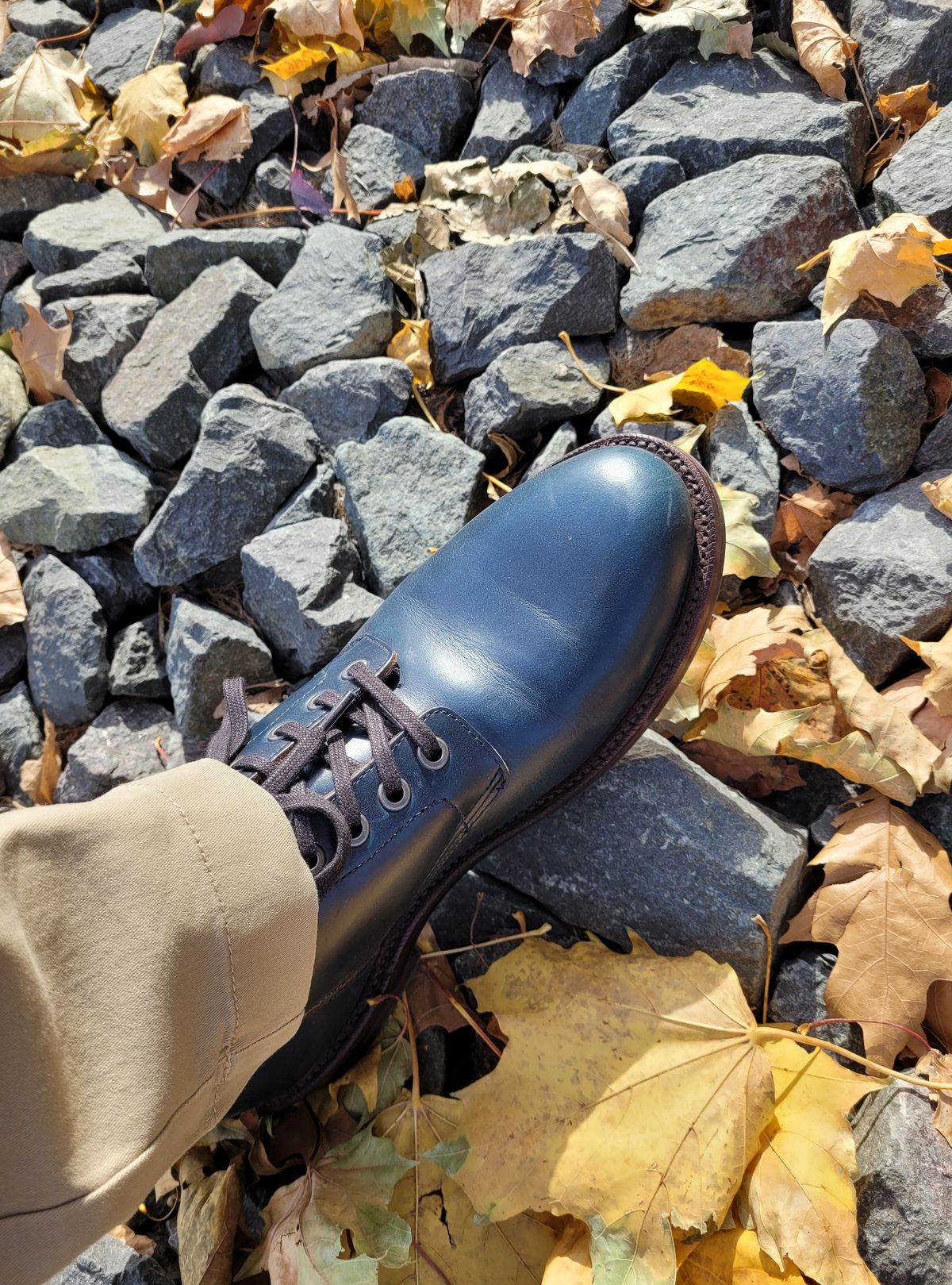 Photo by quantum_quetzal on November 2, 2022 of the Grant Stone Diesel Boot in Horween Navy Chromexcel.