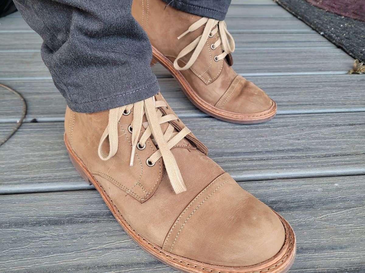 Photo by quantum_quetzal on October 14, 2024 of the Allen Edmonds Patton Cap-Toe Boot in Tan Suede.