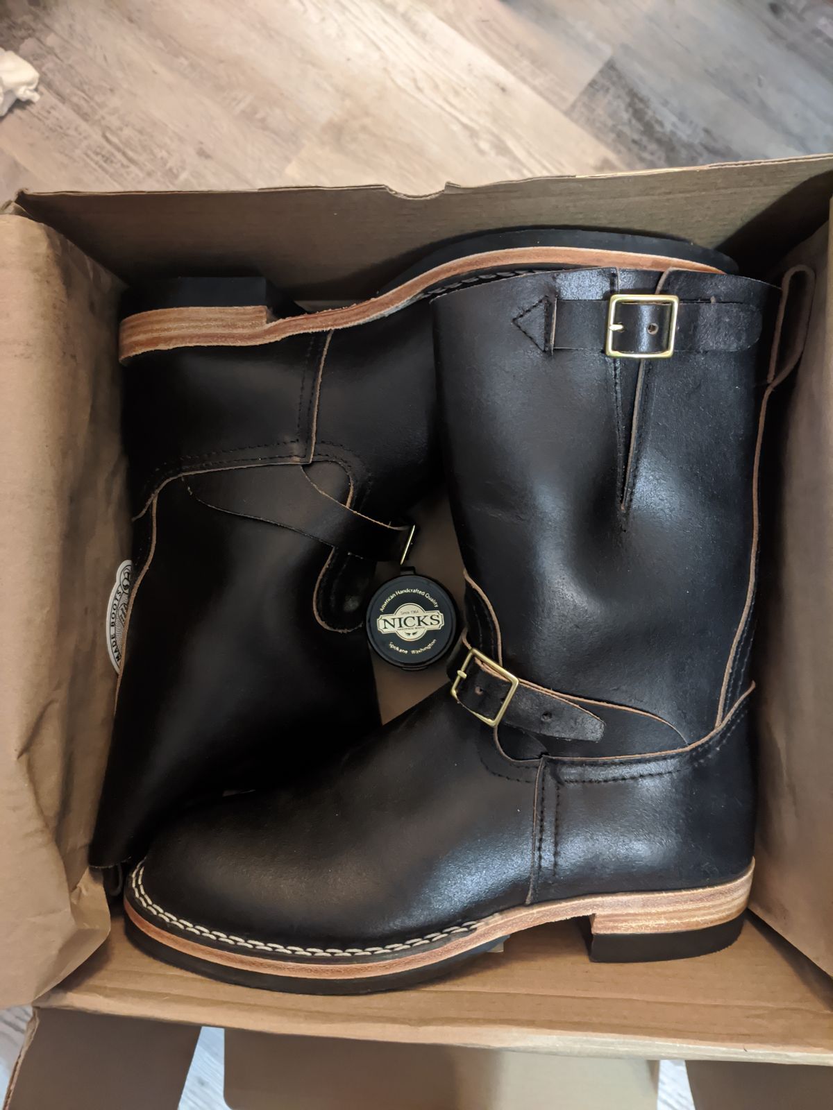 Photo by Coop on January 31, 2024 of the Nicks Vintage Engineer in Horween Black Waxed Flesh.