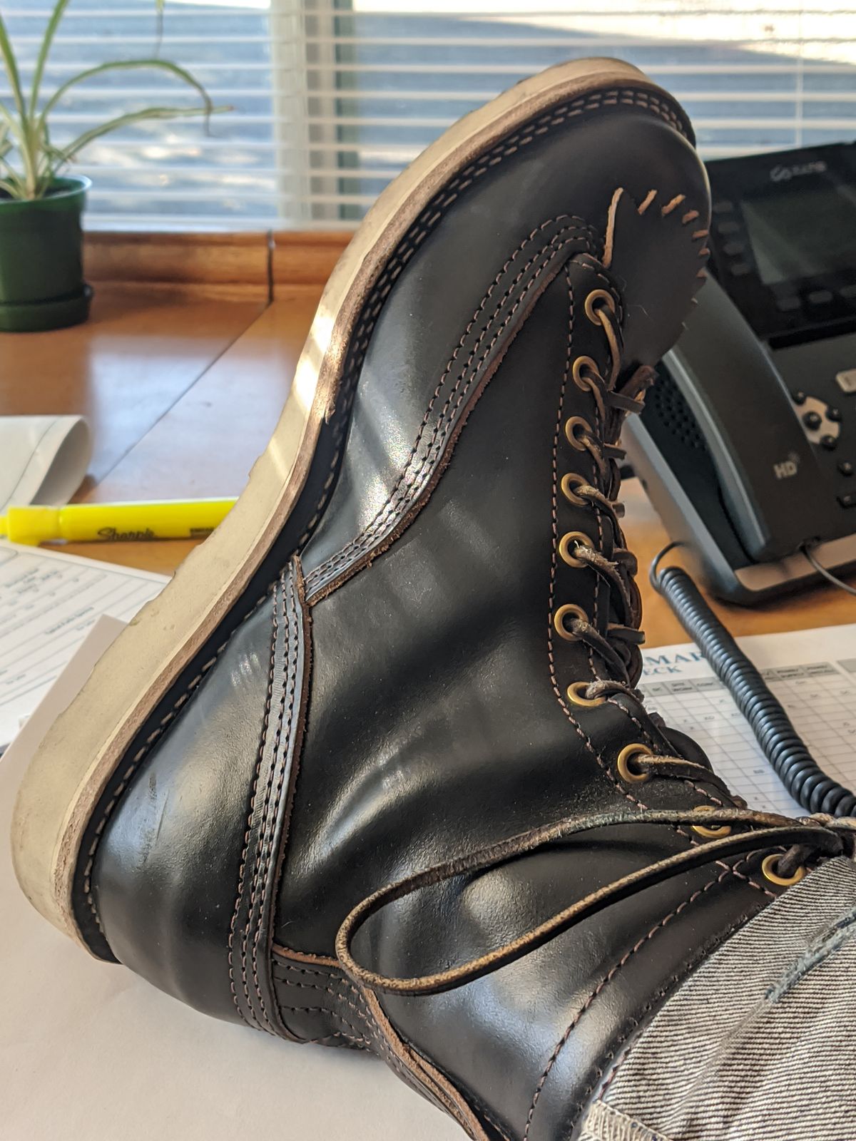 Photo by Coop on October 19, 2023 of the Wesco Jobmaster in Horween Black Chromexcel Horsehide.