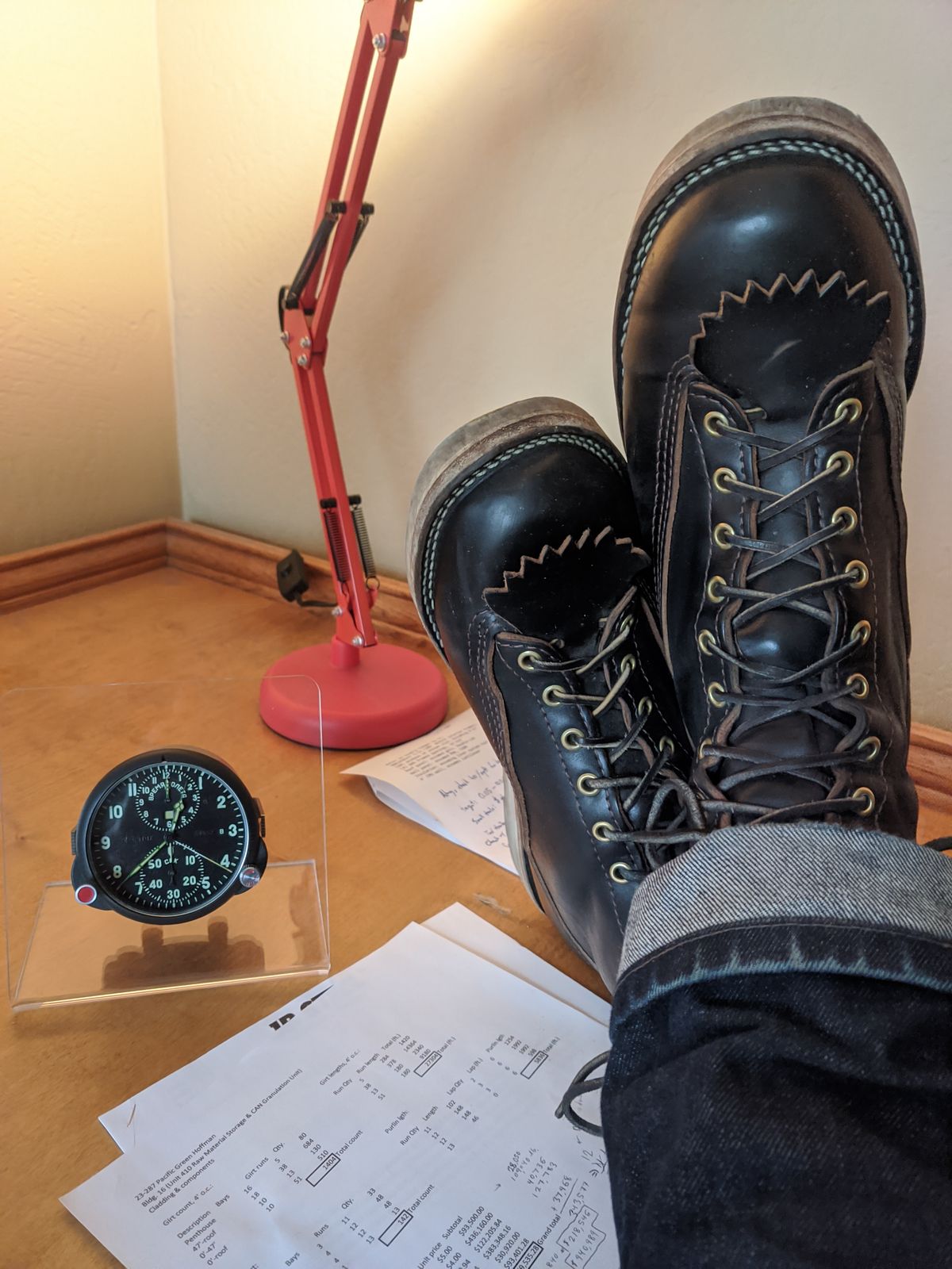 Photo by Coop on January 4, 2024 of the Wesco Jobmaster in Horween Black Chromexcel Horsehide.