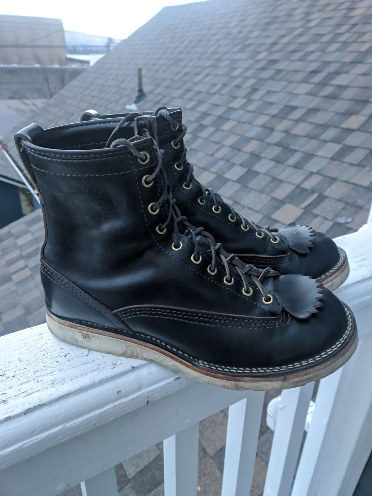 Photo by Coop on February 6, 2024 of the Wesco Jobmaster in Horween Black Chromexcel Horsehide.