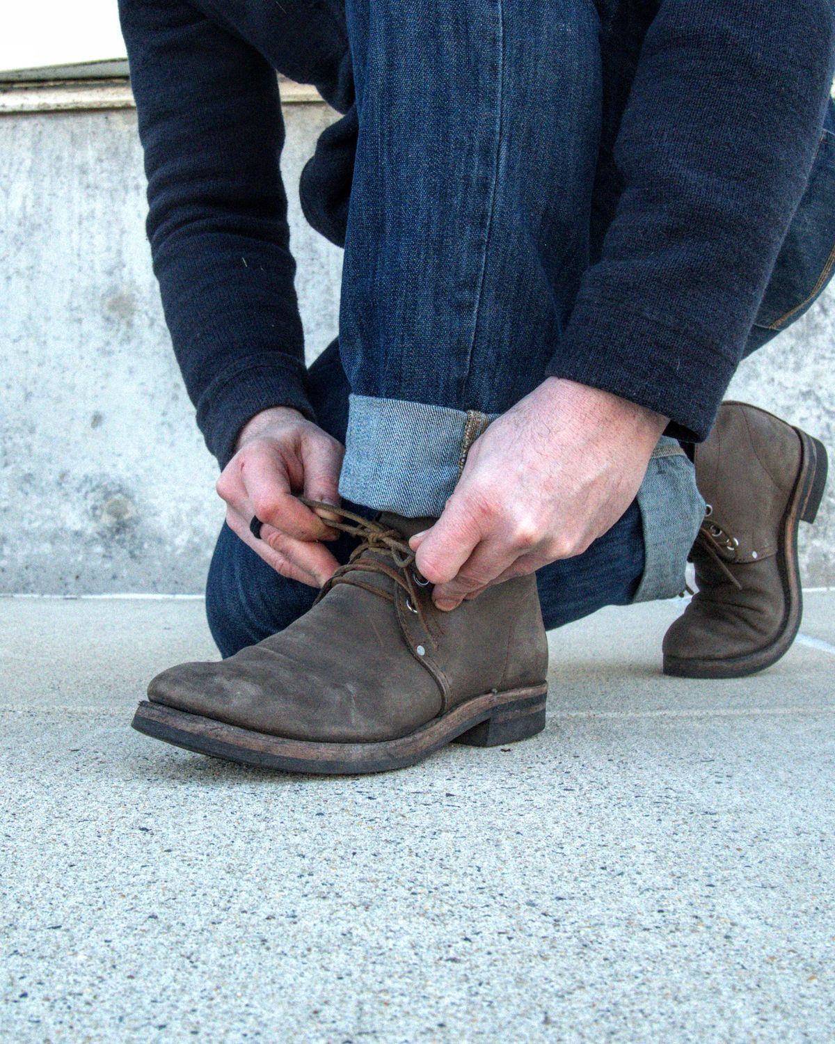 Photo by blaisebootco on February 5, 2024 of the Blaise Boot Co. Traveler Chukka in Grease Trap Grey Nubuck.