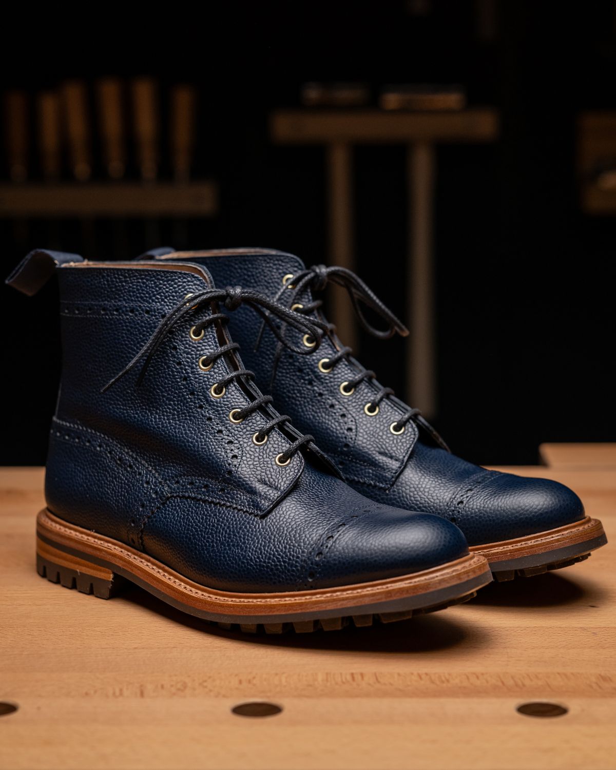 Photo by vubui on December 14, 2023 of the Tricker's M7527 Derby Toecap Boot in Navy Scotch Grain.