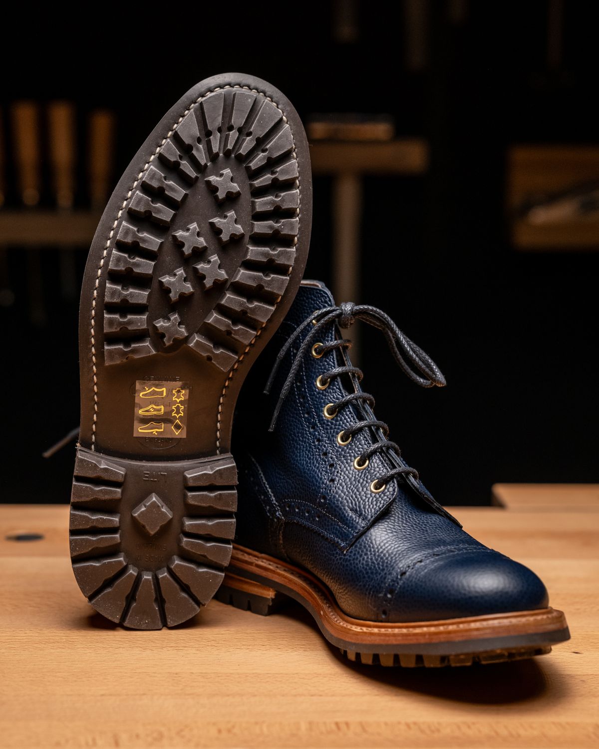 Photo by vubui on December 14, 2023 of the Tricker's M7527 Derby Toecap Boot in Navy Scotch Grain.