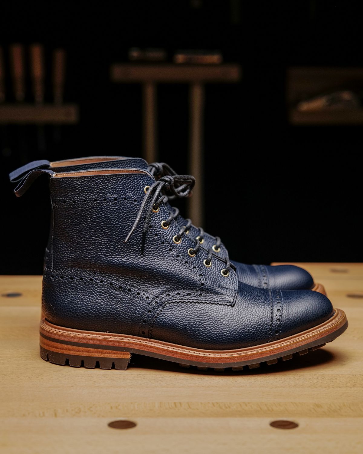 Photo by vubui on December 15, 2023 of the Tricker's M7527 Derby Toecap Boot in Navy Scotch Grain.