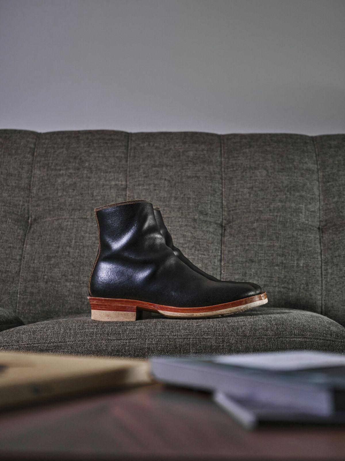 Photo by Mason on November 6, 2024 of the Fortis Boots Antasena Sidezip in Horween Huntsman Black Waxed Flesh.