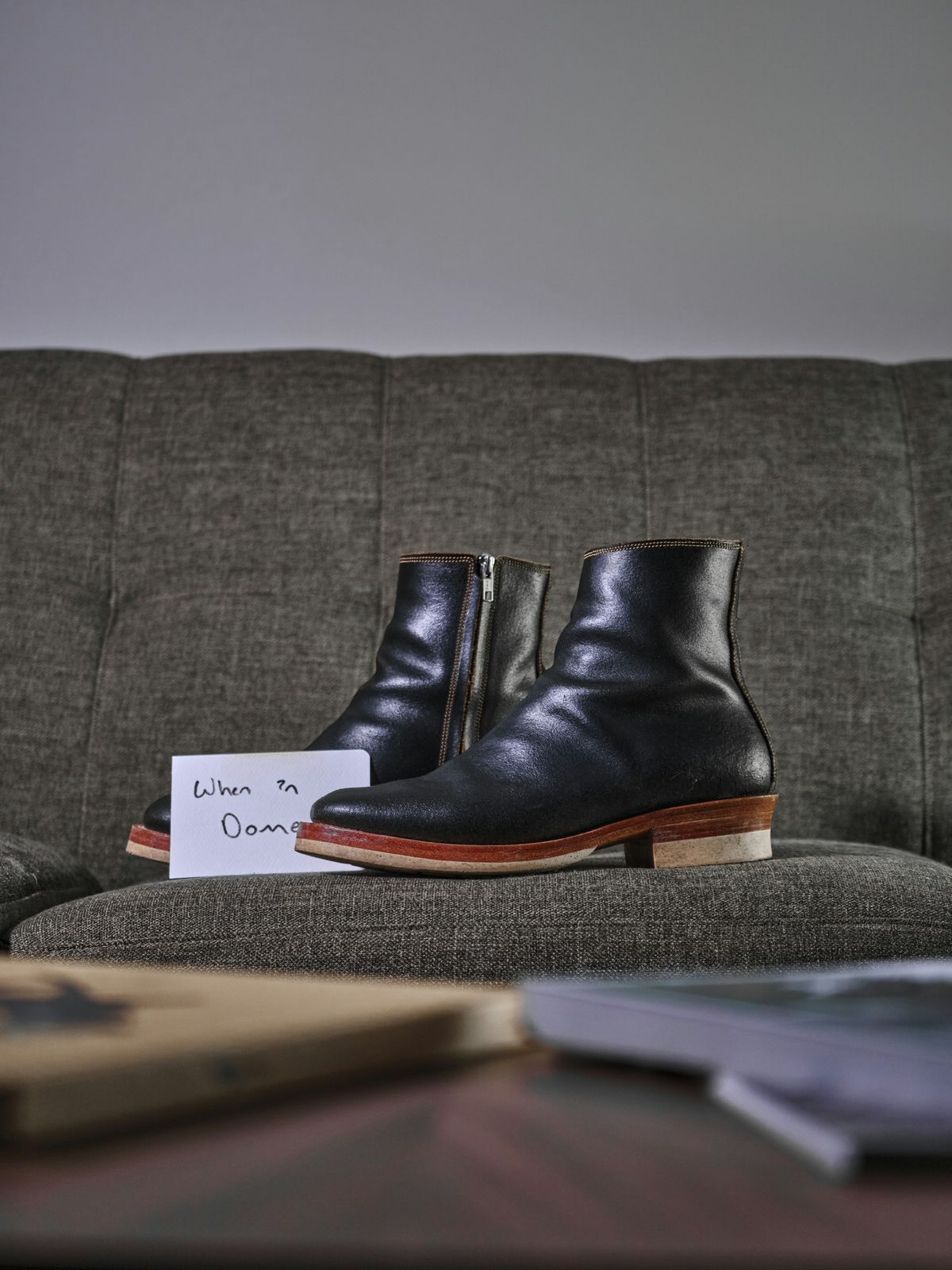 Photo by Mason on November 6, 2024 of the Fortis Boots Antasena Sidezip in Horween Huntsman Black Waxed Flesh.