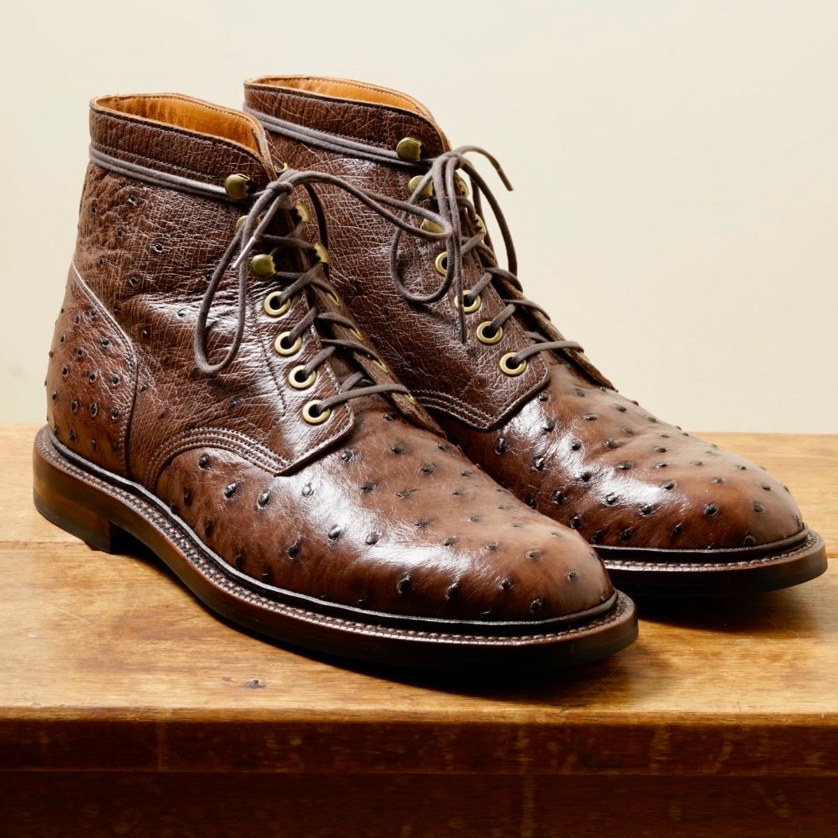 Photo by putzinboots on October 5, 2023 of the Grant Stone Diesel Boot in Kango Tobacco Ostrich.