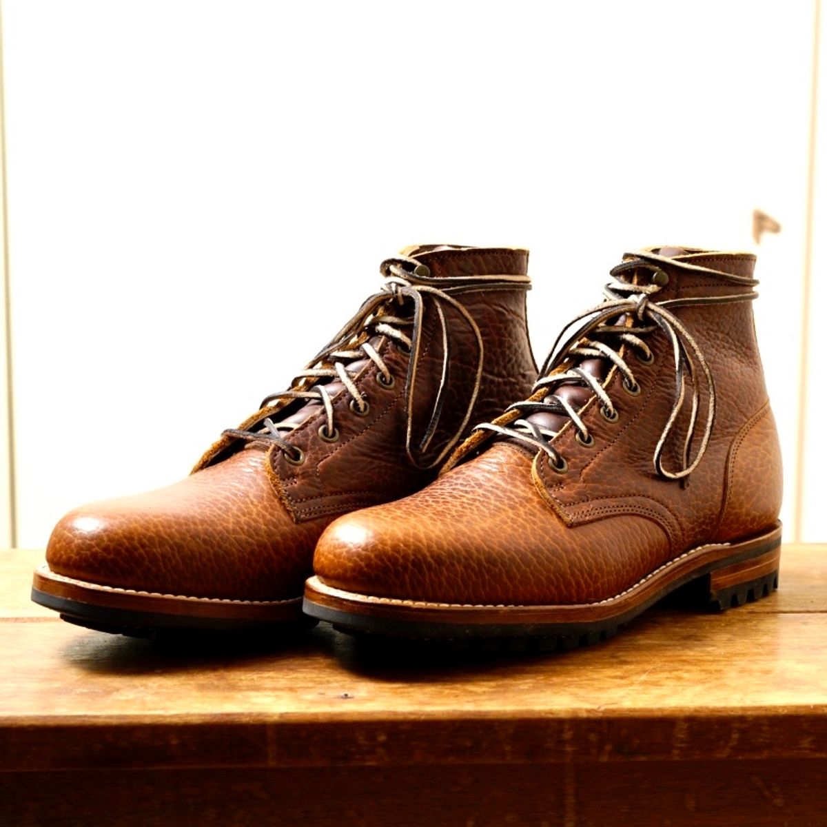 Photo by putzinboots on October 22, 2023 of the Truman Service Boot in Law Tanning Cognac Big Horn Shrunken Bison.