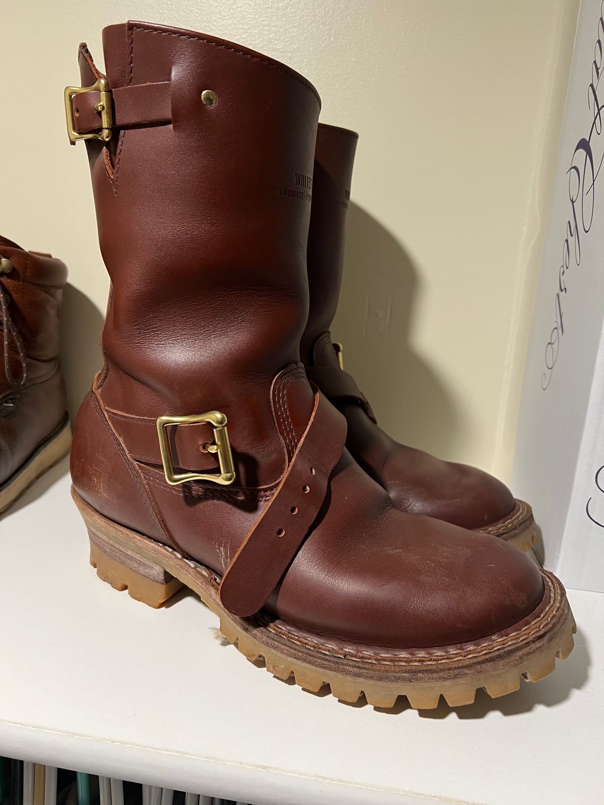 Photo by wcurry_1 on January 4, 2024 of the White's Nomad Engineer Boots in Seidel Red Dog Oil Tan.