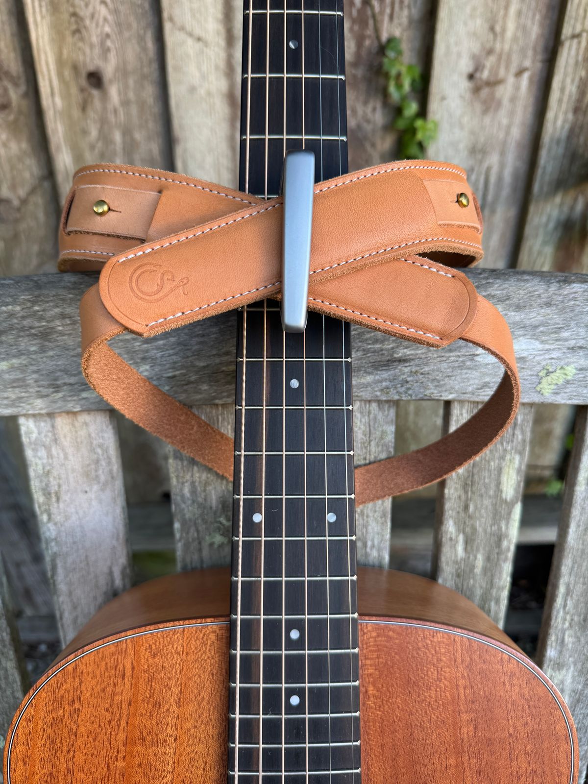 Photo by ChrisBurns670 on December 5, 2025 of the Ship John Blake Guitar Strap in Natural Vegetable Tanned.